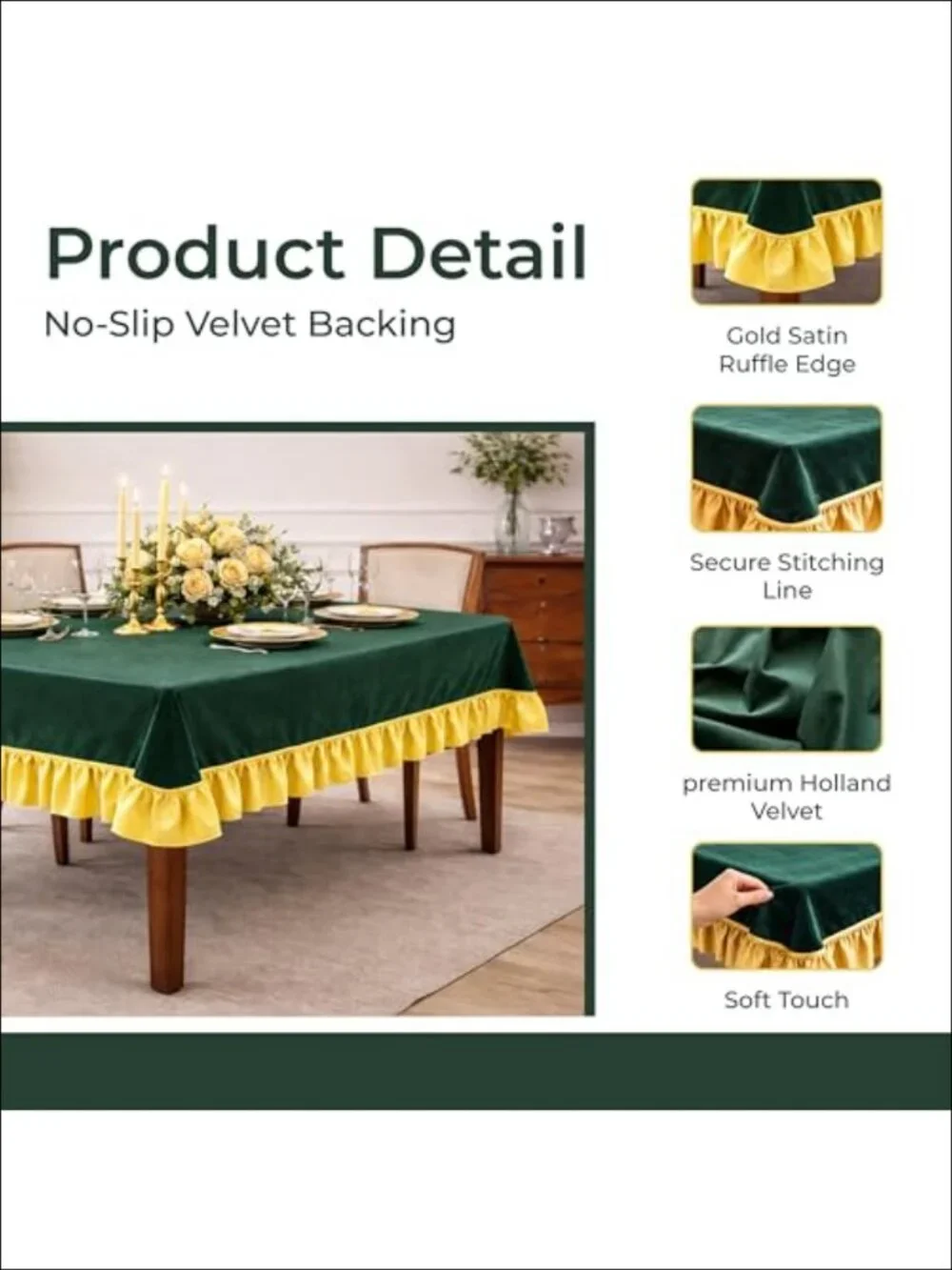 Green Velvet Tablecloth 60x120 Gold Ruffle Farmhouse Dining